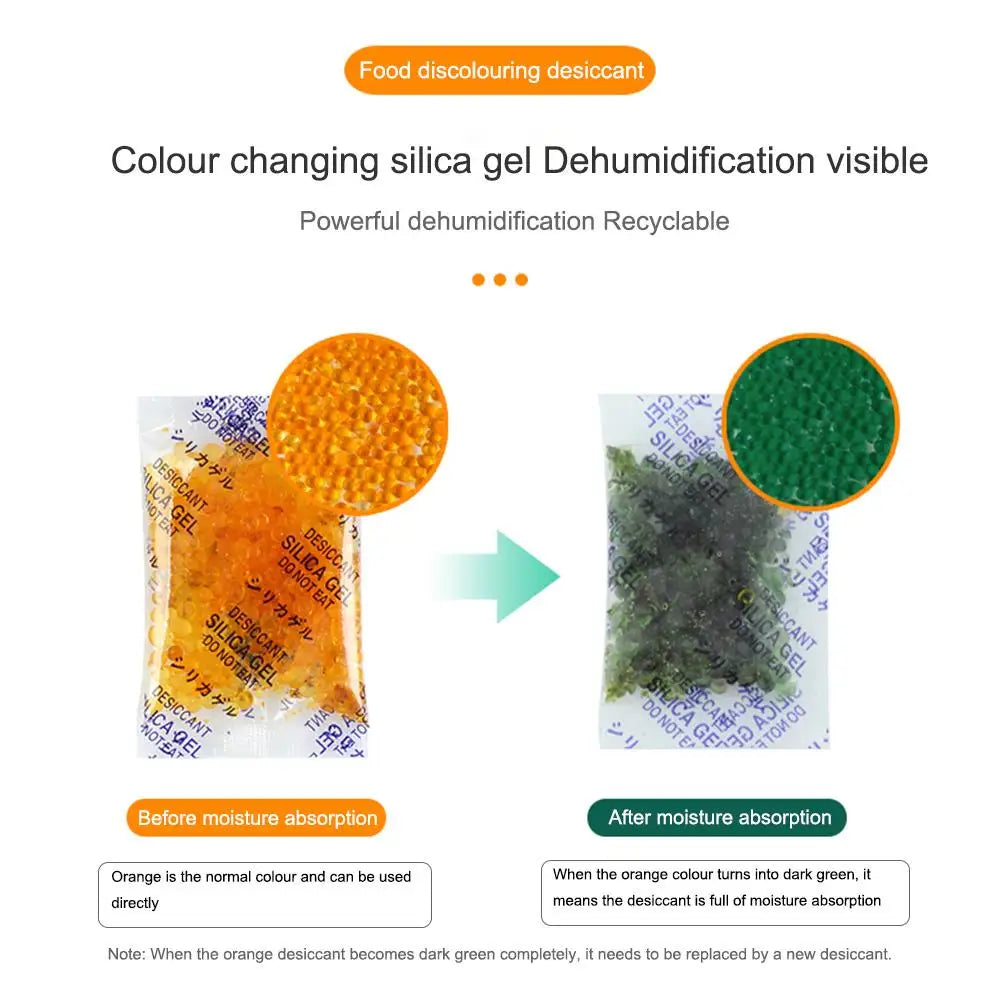 Silica gel desiccant bags showing color change from orange to green after moisture absorption