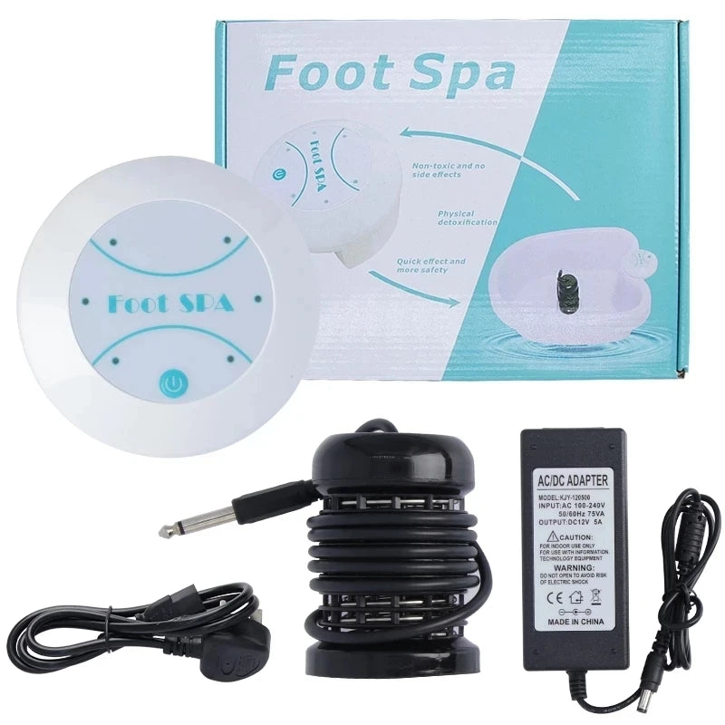 A white ionic foot spa device and an accompanying AC/DC adapter are shown next to its packaging.