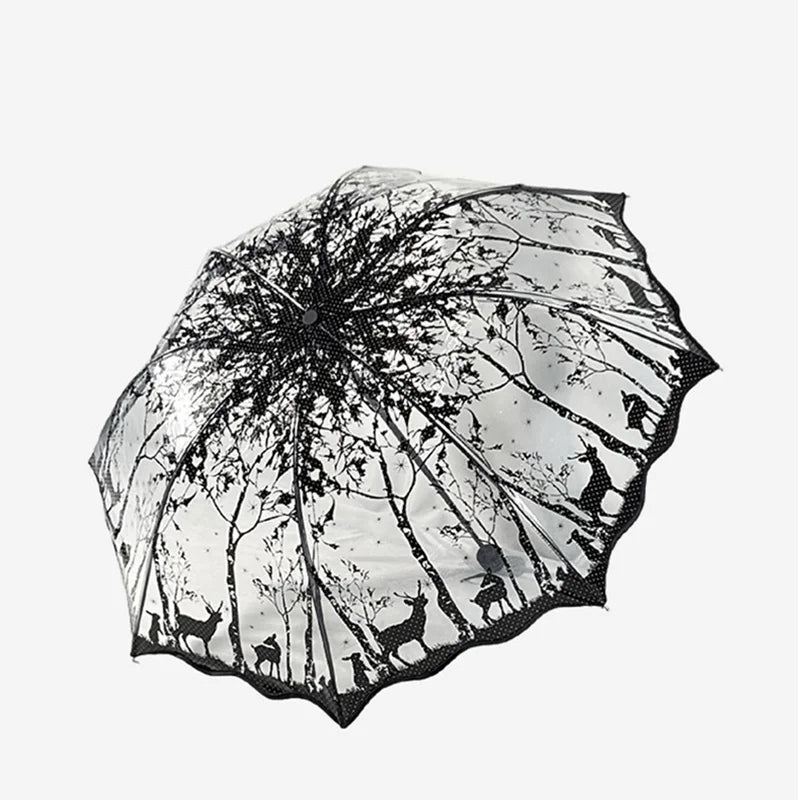 A retro transparent folding umbrella with a black and white tree silhouette design.