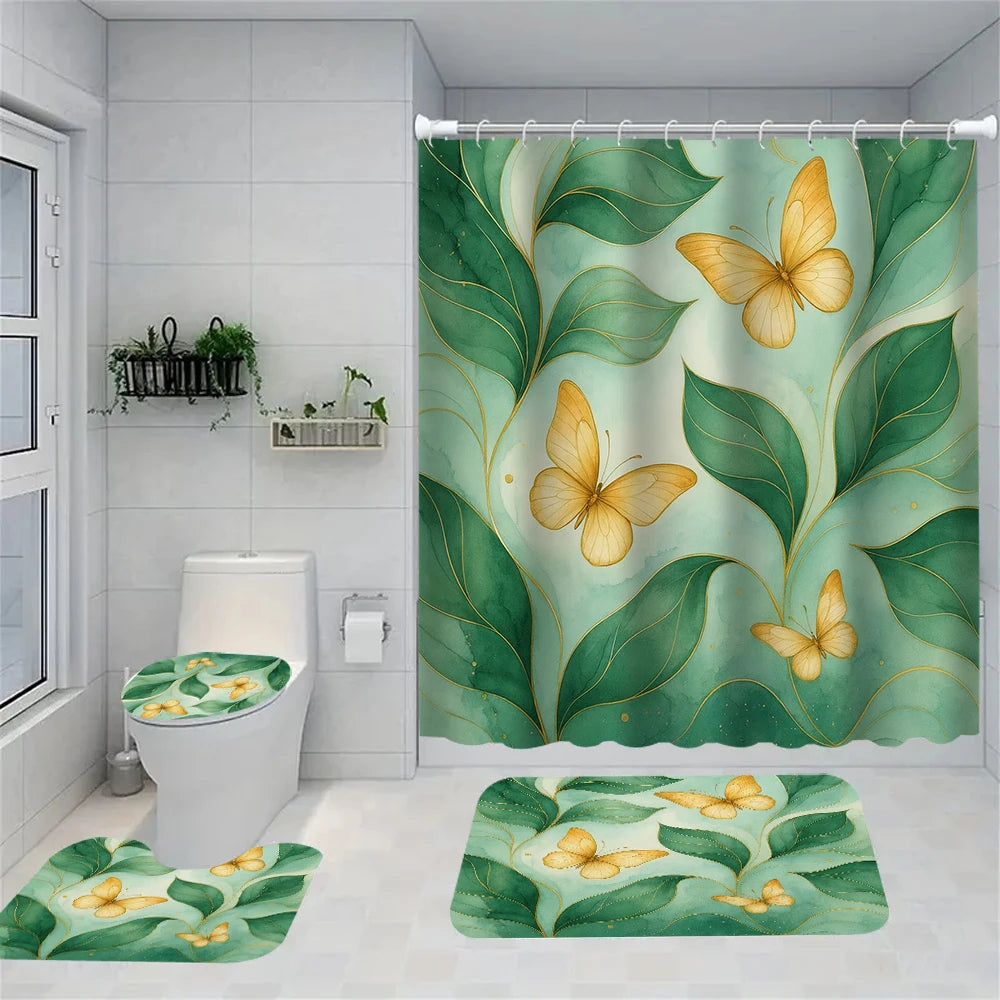 A shower curtain featuring large green leaves and yellow butterflies for bathroom decor.