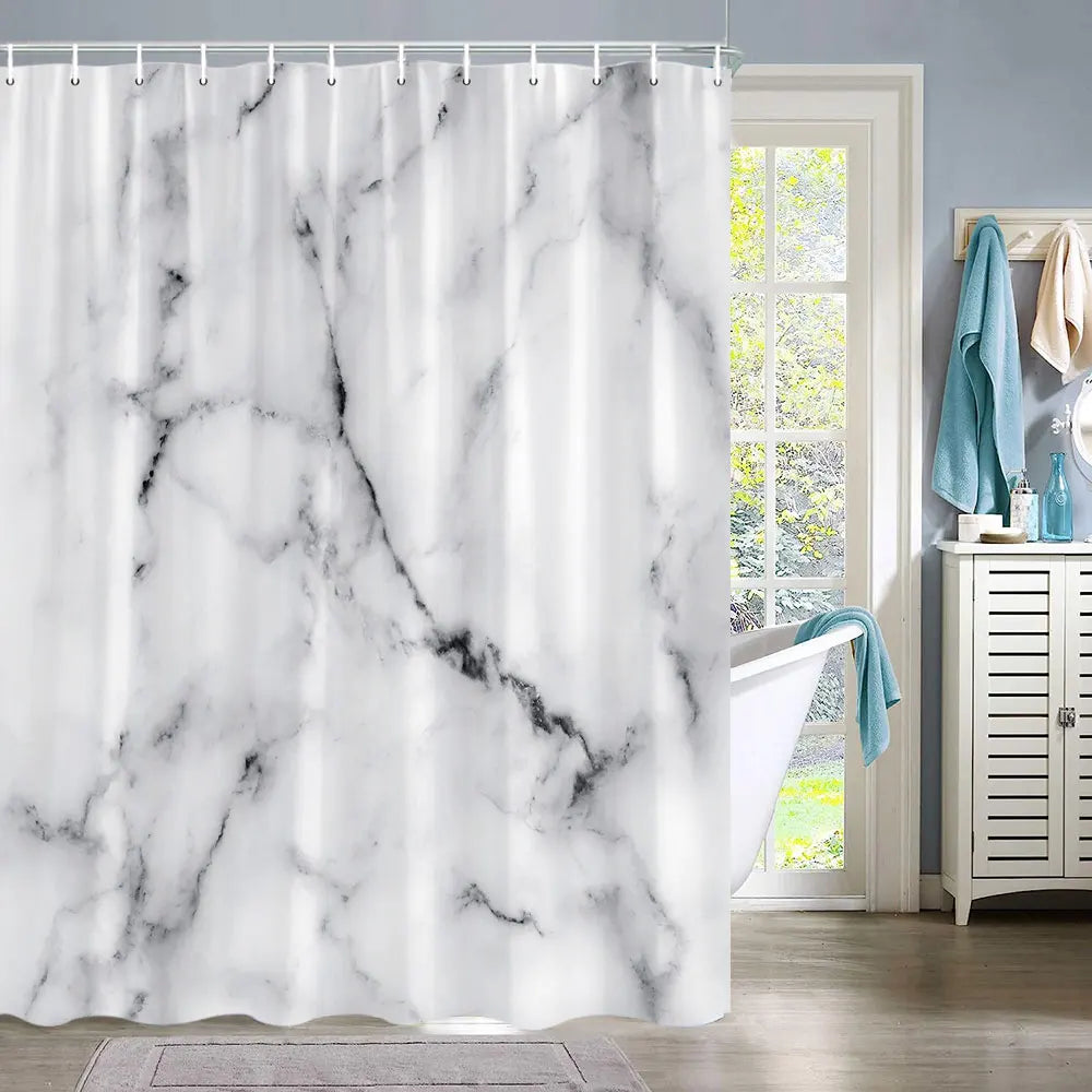 White marble abstract fluid texture shower curtain hanging in a bathroom