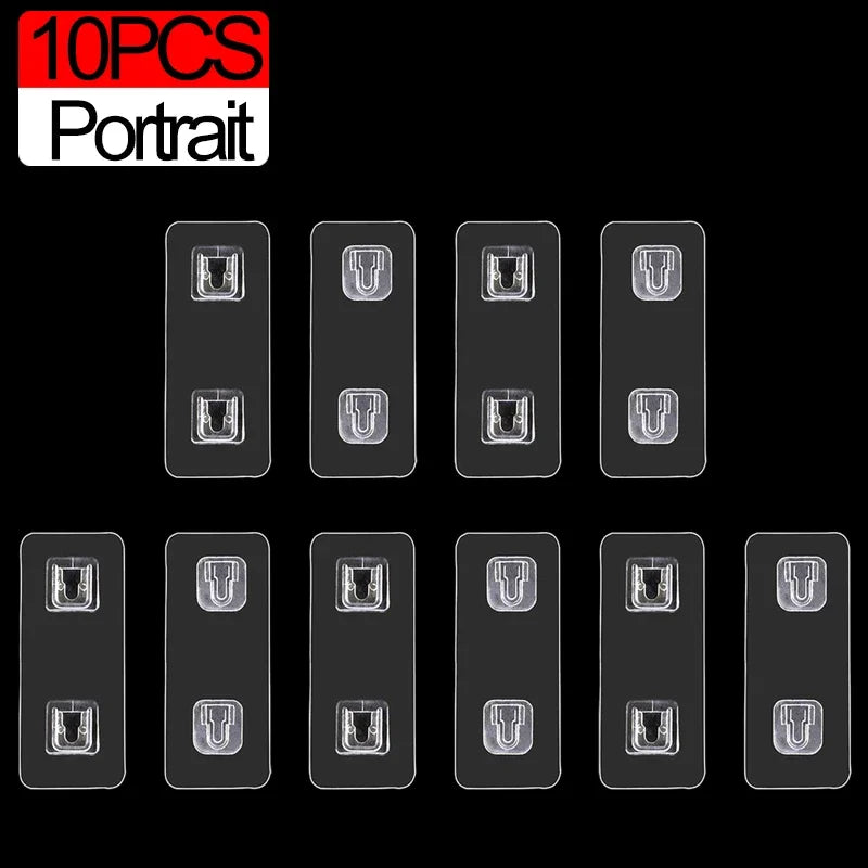 Ten portrait-shaped heavy duty double-sided adhesive wall hooks in clear plastic.