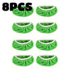 Eight reusable green microfiber mop replacement cloths shown in various folded and open configurations.