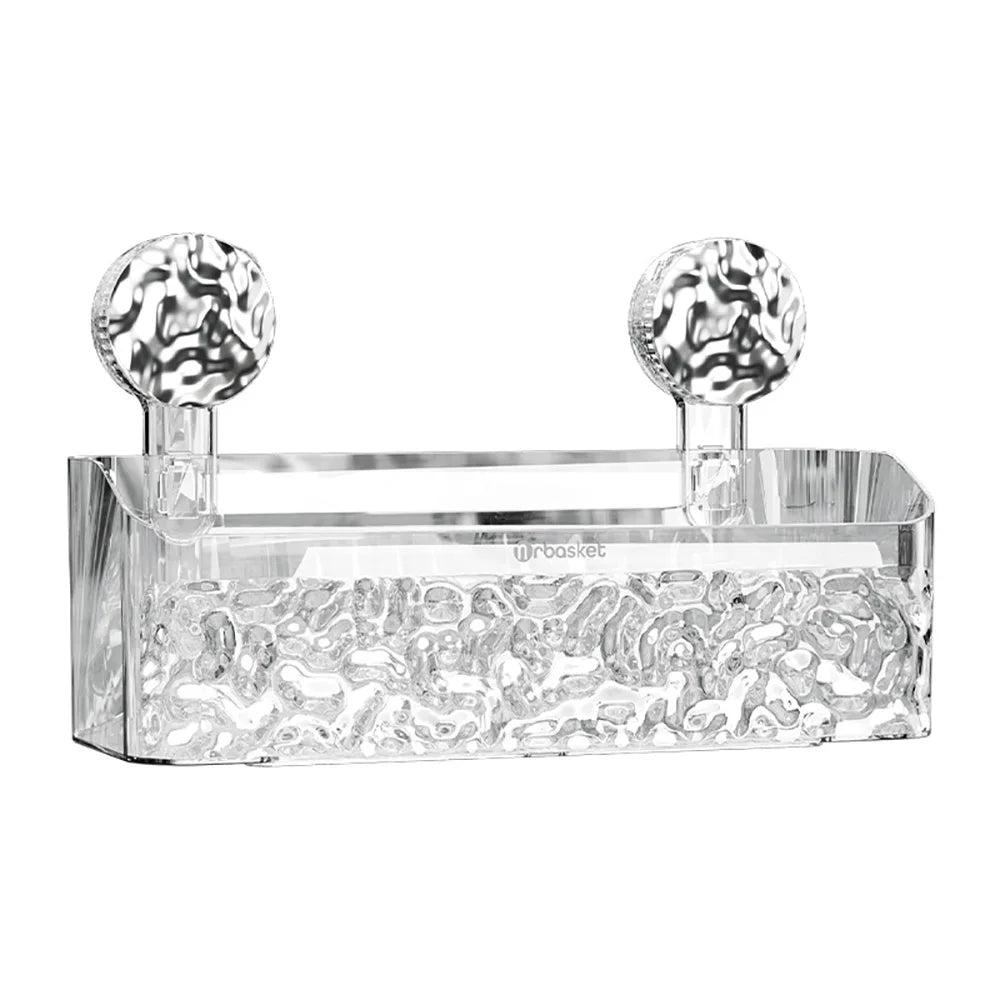 Clear glass storage rack with suction cup holders for bathroom items