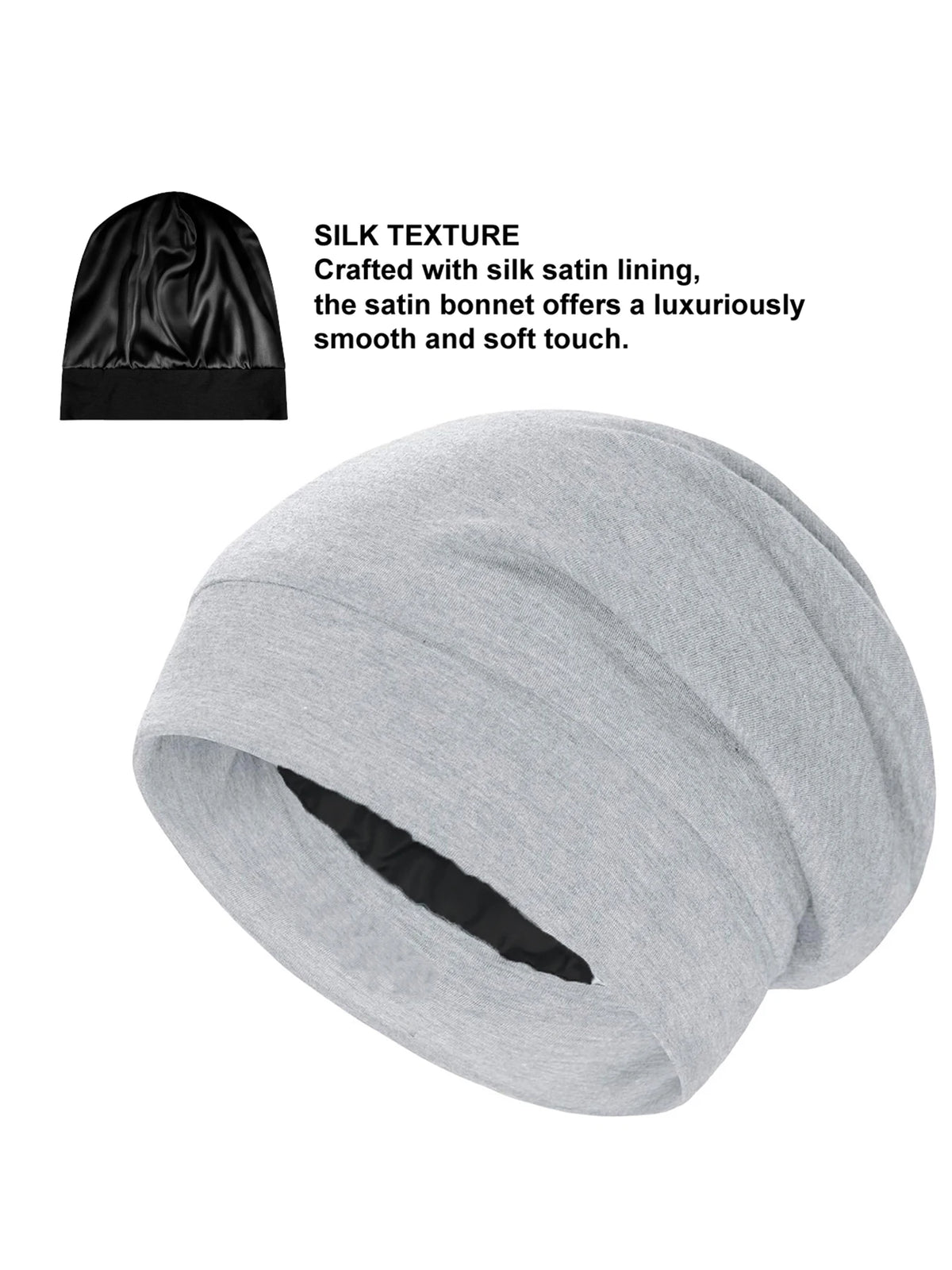 A light gray satin sleep bonnet rolled up, showing the smooth texture of the fabric.