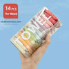 A hand holds a clear plastic container filled with 14 disposable compressed washcloths for facial cleansing.