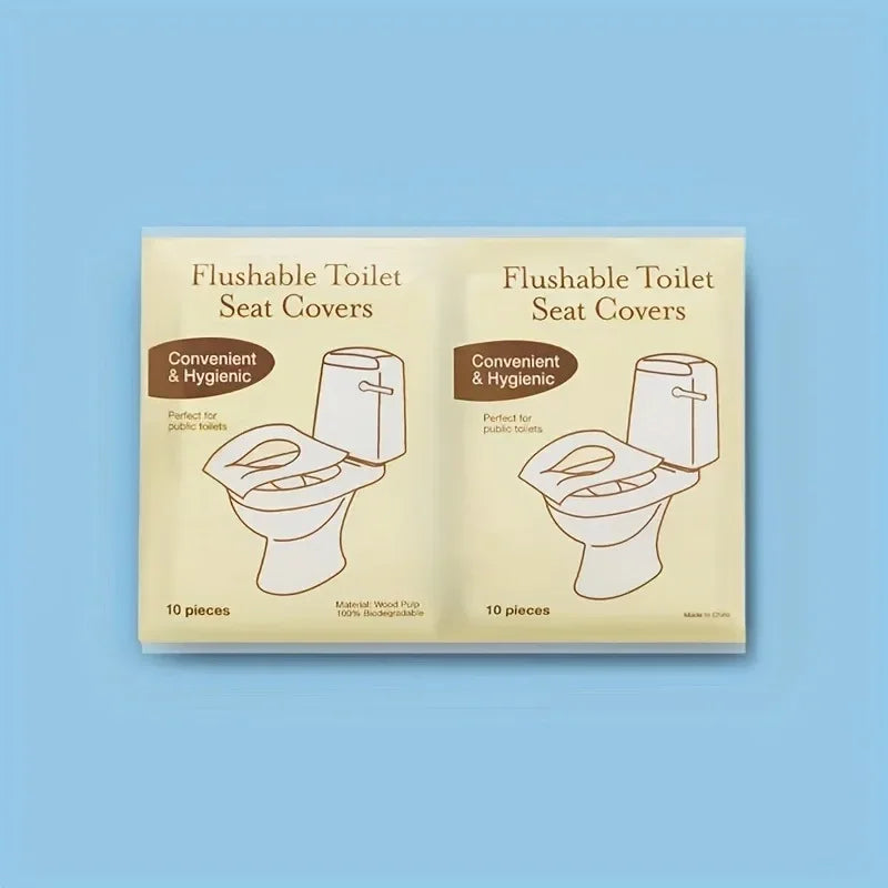 A package of 10 pieces of flushable toilet seat covers for public toilets.