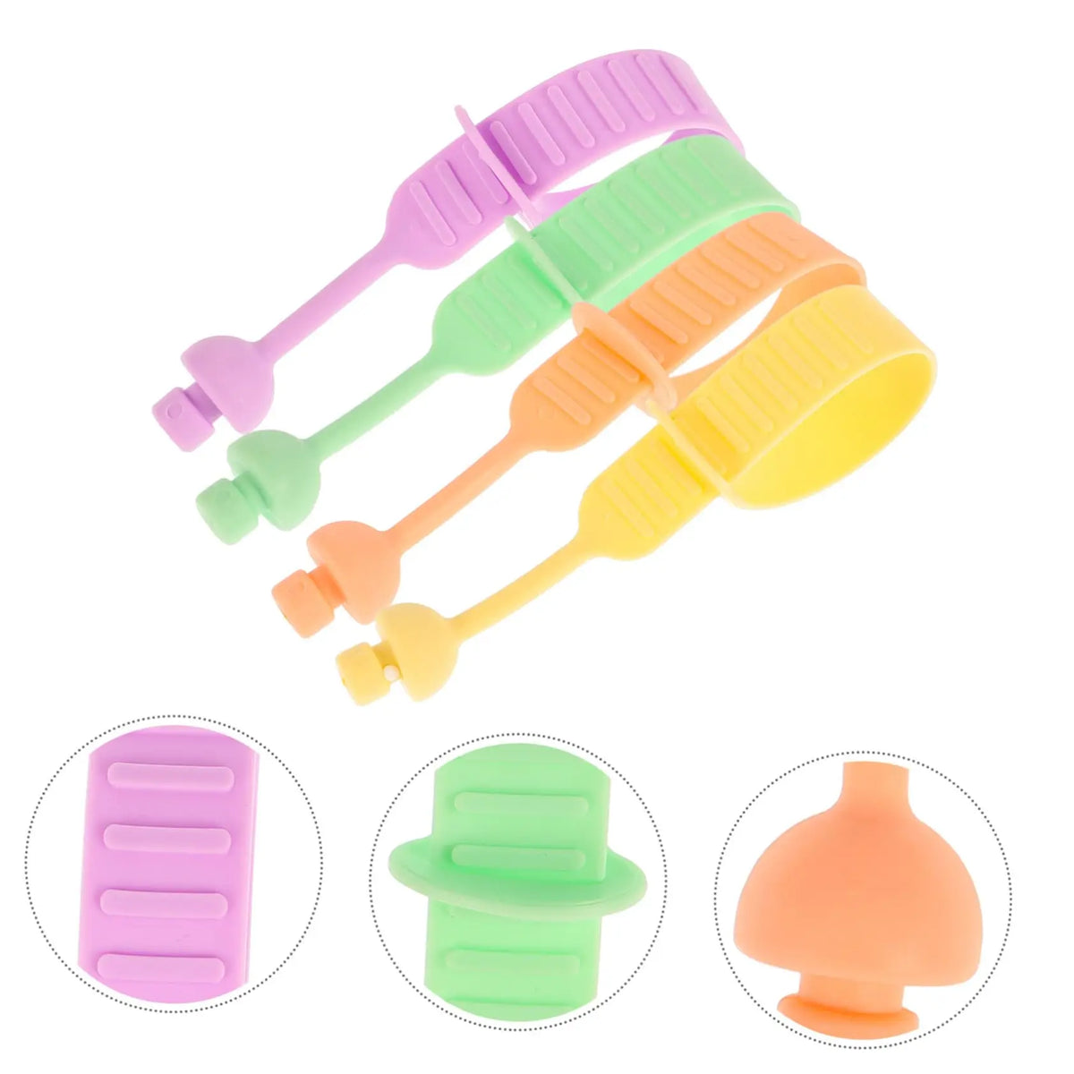 A pack of four silicone toilet lid lifters in various pastel colors including purple, green, orange, and yellow.