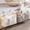 A beige storage rack with hanging bags and compartments for organizing bedside items.