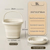 A white collapsible water bucket with a handle and a lid is shown next to its dimensions and folded state for storage.