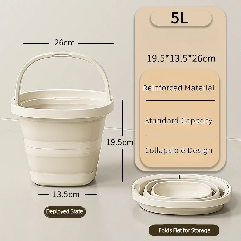 A white collapsible water bucket with a handle and a lid is shown next to its dimensions and folded state for storage.