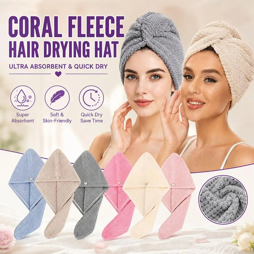 Two women modeling a coral fleece hair drying hat and several folded hats.