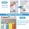Instructions for using a bottle and tube to add liquid to an under-sink kitchen soap dispenser.
