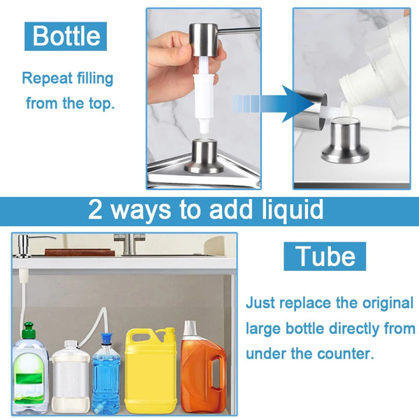 Instructions for using a bottle and tube to add liquid to an under-sink kitchen soap dispenser.