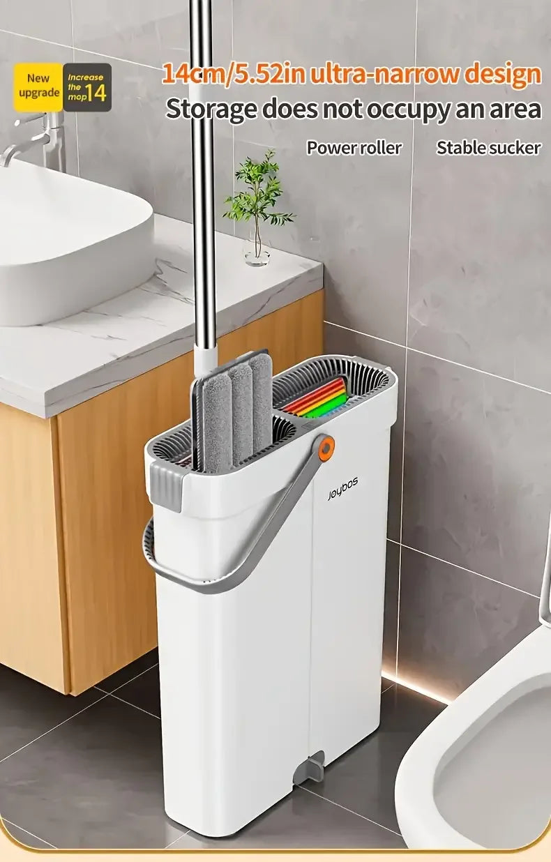 Ein weißer Power-Roller-Bodenwischer neben Spüle und Toilette, der ultra-schmale Design hervorhebt.