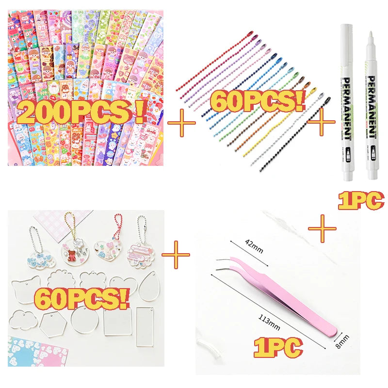 A collection of 200 pieces of colorful kawaii DIY stickers and crafting supplies including various shapes and designs