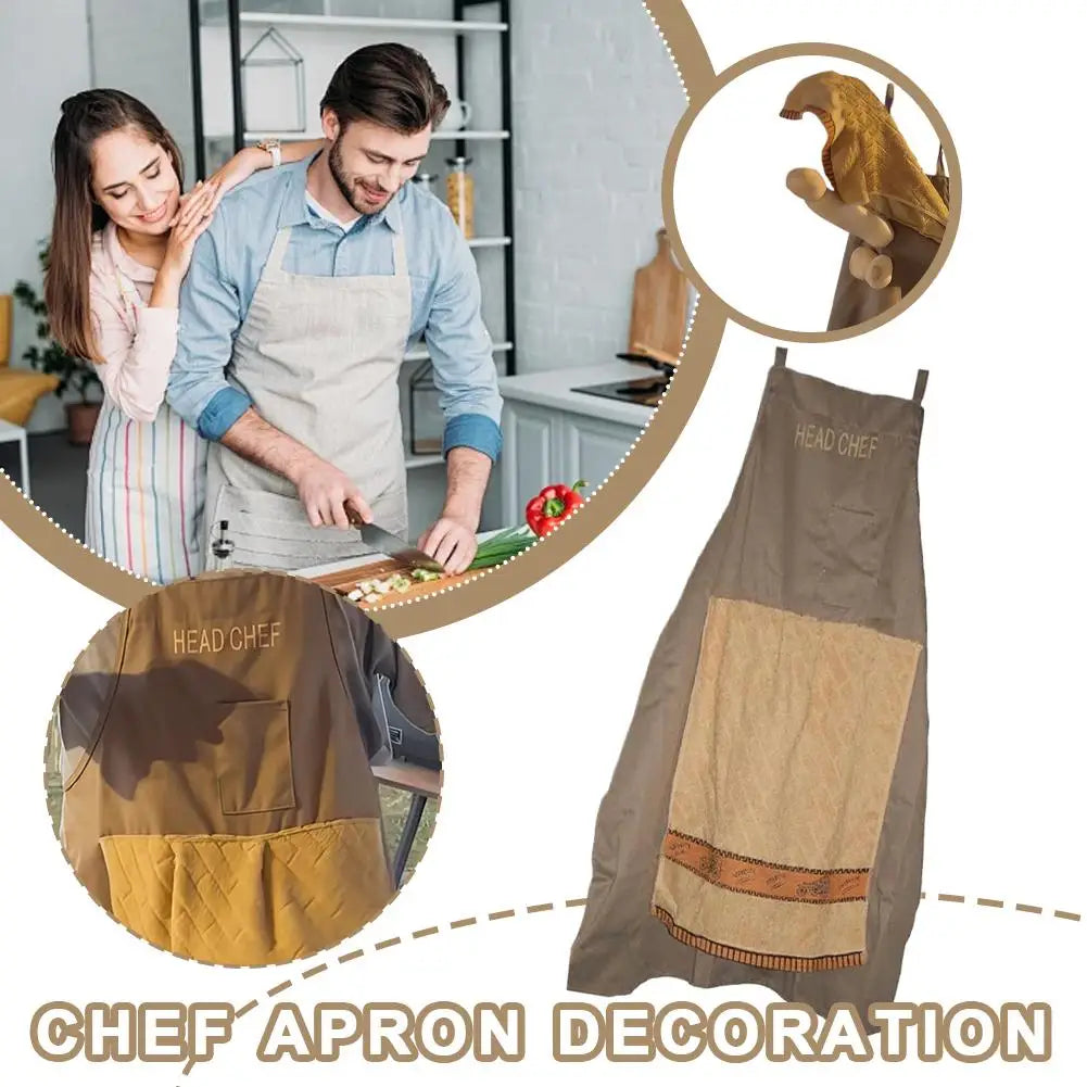 A brown chef apron with a yellow accent is shown next to a man wearing a similar apron.