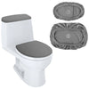 A white toilet seat with a gray seat cover and tank protector shown next to two separate protectors.