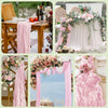 A collection of photos showing a pink boho sheer table runner used in wedding and event decor.