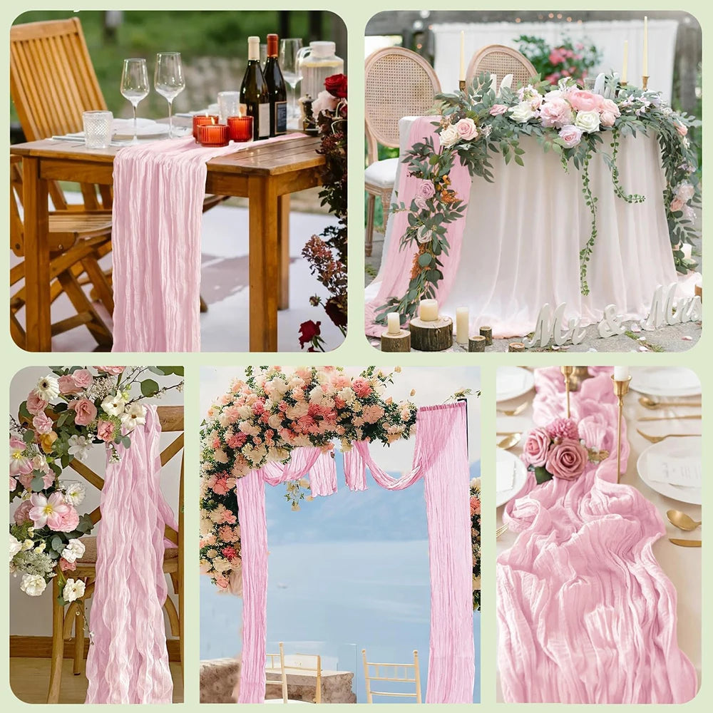 A collection of photos showing a pink boho sheer table runner used in wedding and event decor.