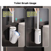 Demonstration of toilet brush usage showing how the handle and lid automatically open and close.
