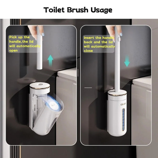 Demonstration of toilet brush usage showing how the handle and lid automatically open and close.