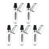 A set of five silver portable refillable perfume spray bottles shown in various angles.