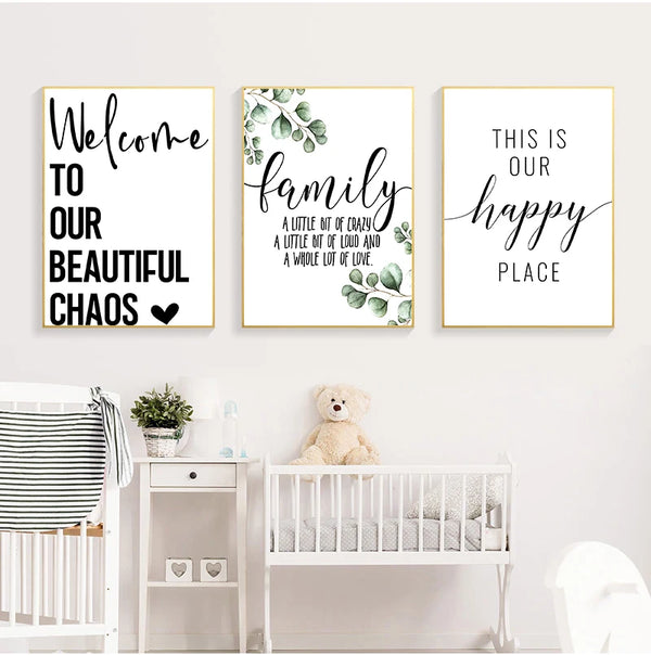 Three framed canvas prints with quotes Welcome to our beautiful chaos family A little bit of crazy a little bit of loud and a