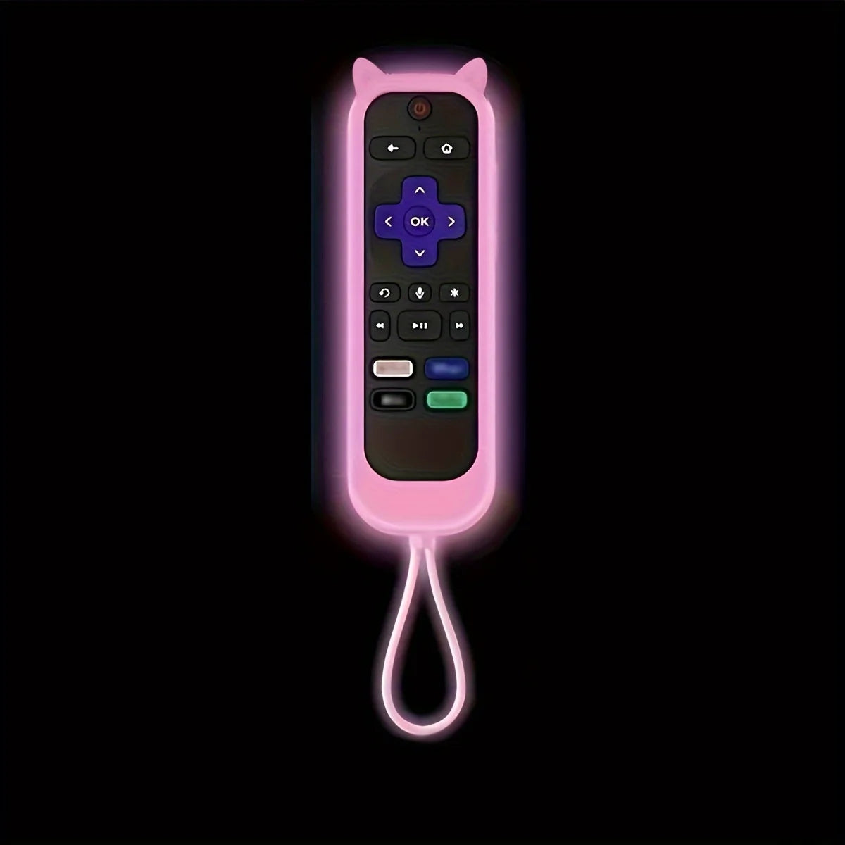 A remote control with cat ears shaped cover and glowing pink light.