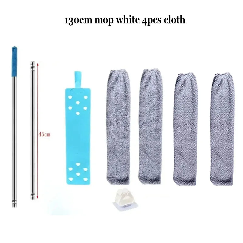 Four white 130cm mop cloths and a telescopic handle for cleaning.