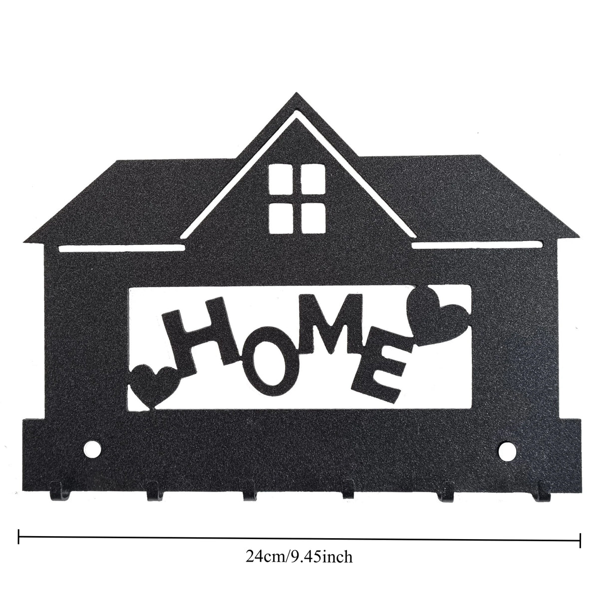 A black metal wall hook key holder shaped like a house with a pitched roof and a window.