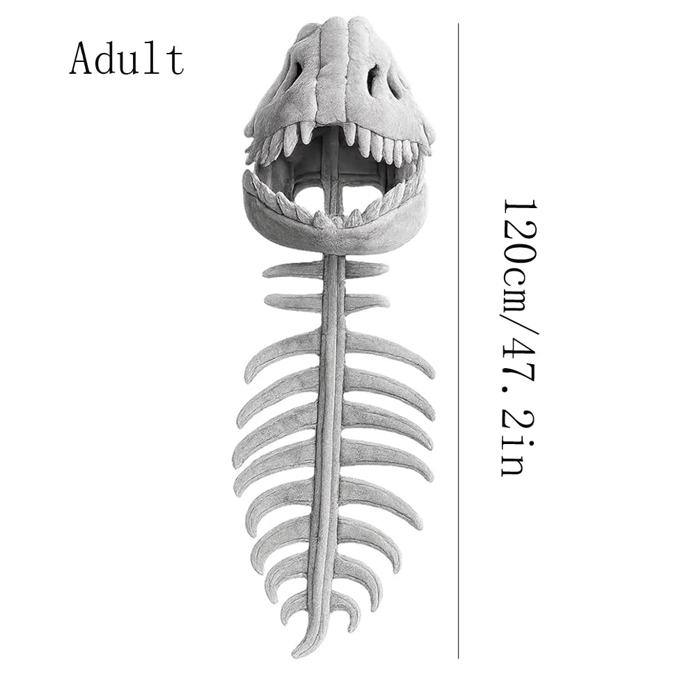 A realistic dinosaur skeleton costume for adults, showing the skull and rib cage structure.