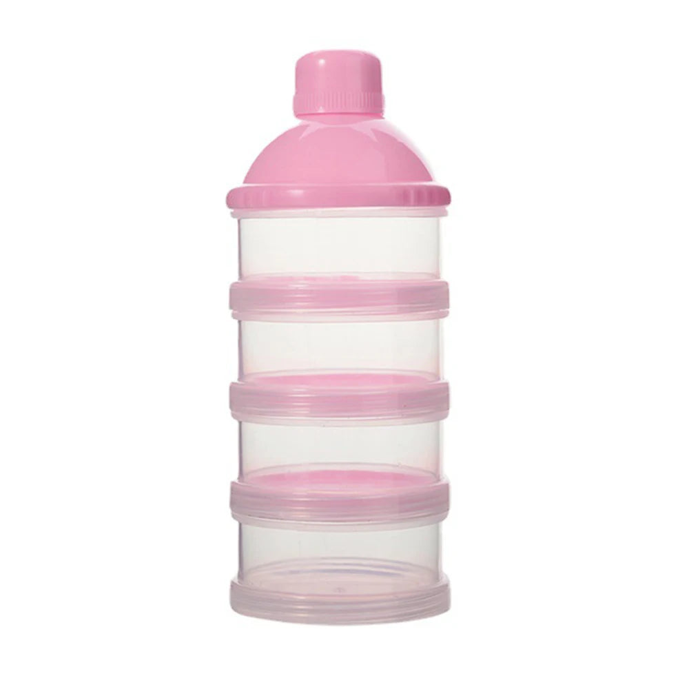 A stack of pink, clear plastic portable milk powder storage containers with pink caps.
