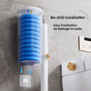 A disposable toilet brush cleaning kit with a blue brush and white handle is shown mounted on a gray wall.