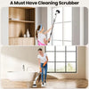 A woman uses a handheld cleaning scrubber to clean a window and a multi-surface cleaning brush set is shown.