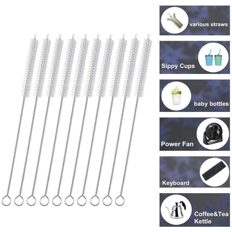 Stainless steel straw cleaning brush kit with various attachments including sippy cups, baby bottles, power fan, keyboard, an