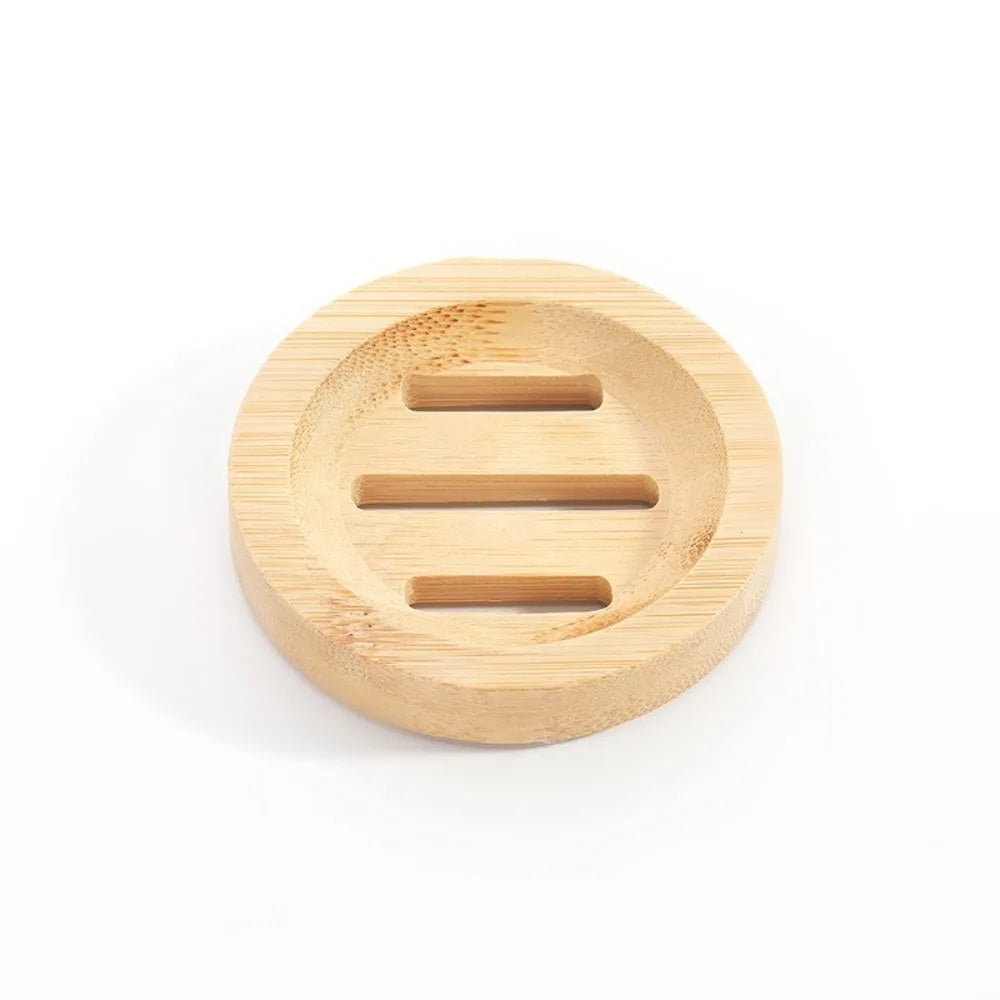 A round wooden soap dish with three horizontal slots for holding soap.
