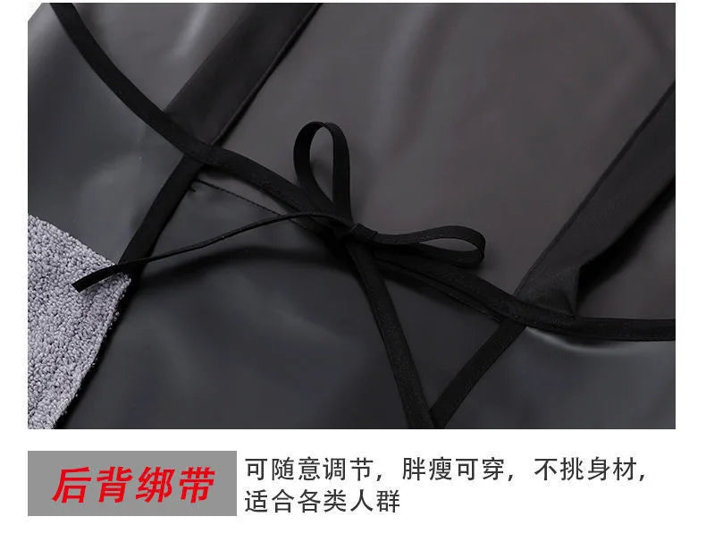 Black waterproof transparent kitchen apron tied with a bow