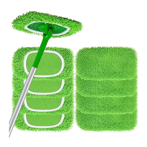 A green reusable microfiber swiffer mop cloth with a handle and multiple absorbent pads.