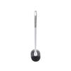 A white wall-mounted toilet brush with an ergonomic long handle and a black brush head.