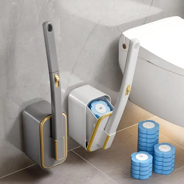 A disposable toilet brush set with long handle is shown next to a white toilet on a tiled wall.