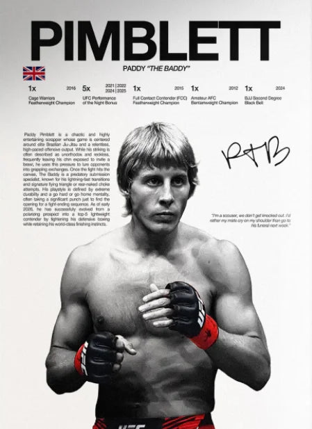 A black and white portrait of a male fighter named Pimblett, wearing boxing gloves.