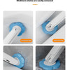 A white toilet brush set with a blue cleaning head is shown being used to remove stubborn stains from inside and around the t