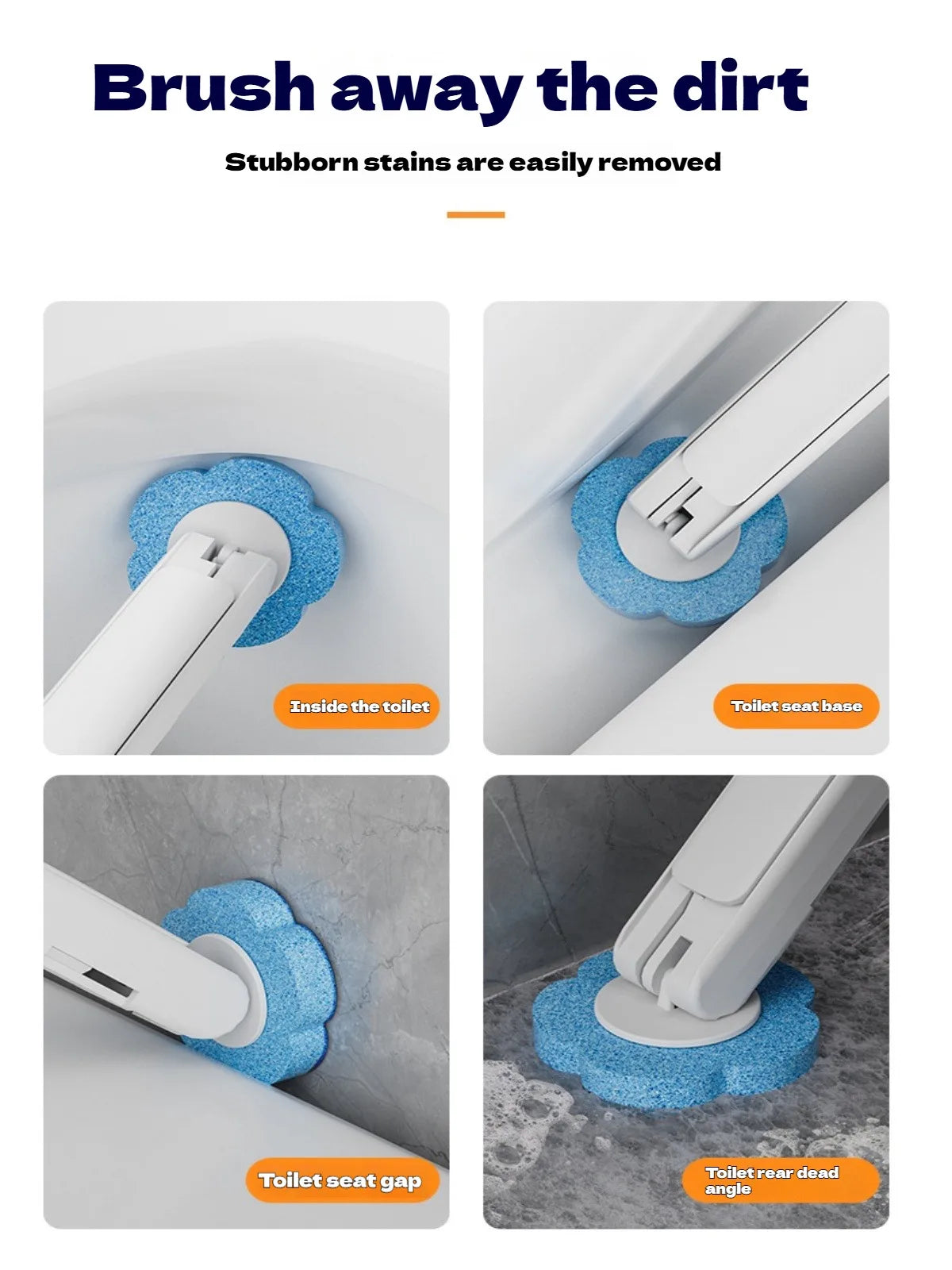 A white toilet brush set with a blue cleaning head is shown being used to remove stubborn stains from inside and around the t