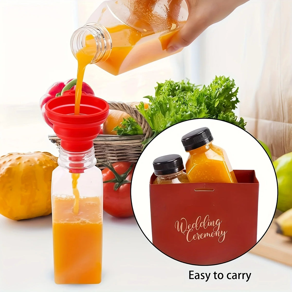 A set of leak-proof clear juice bottles filled with orange juice, shown being poured and displayed for easy carrying.