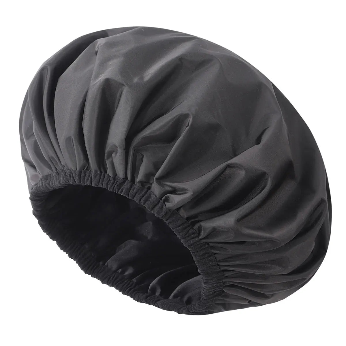 A black reusable satin lined shower cap shown from above.