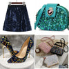 A teal sequin fabric purse and a pair of blue floral high heels.