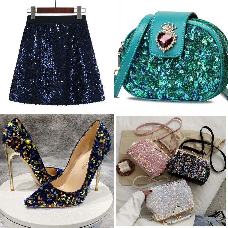 A teal sequin fabric purse and a pair of blue floral high heels.