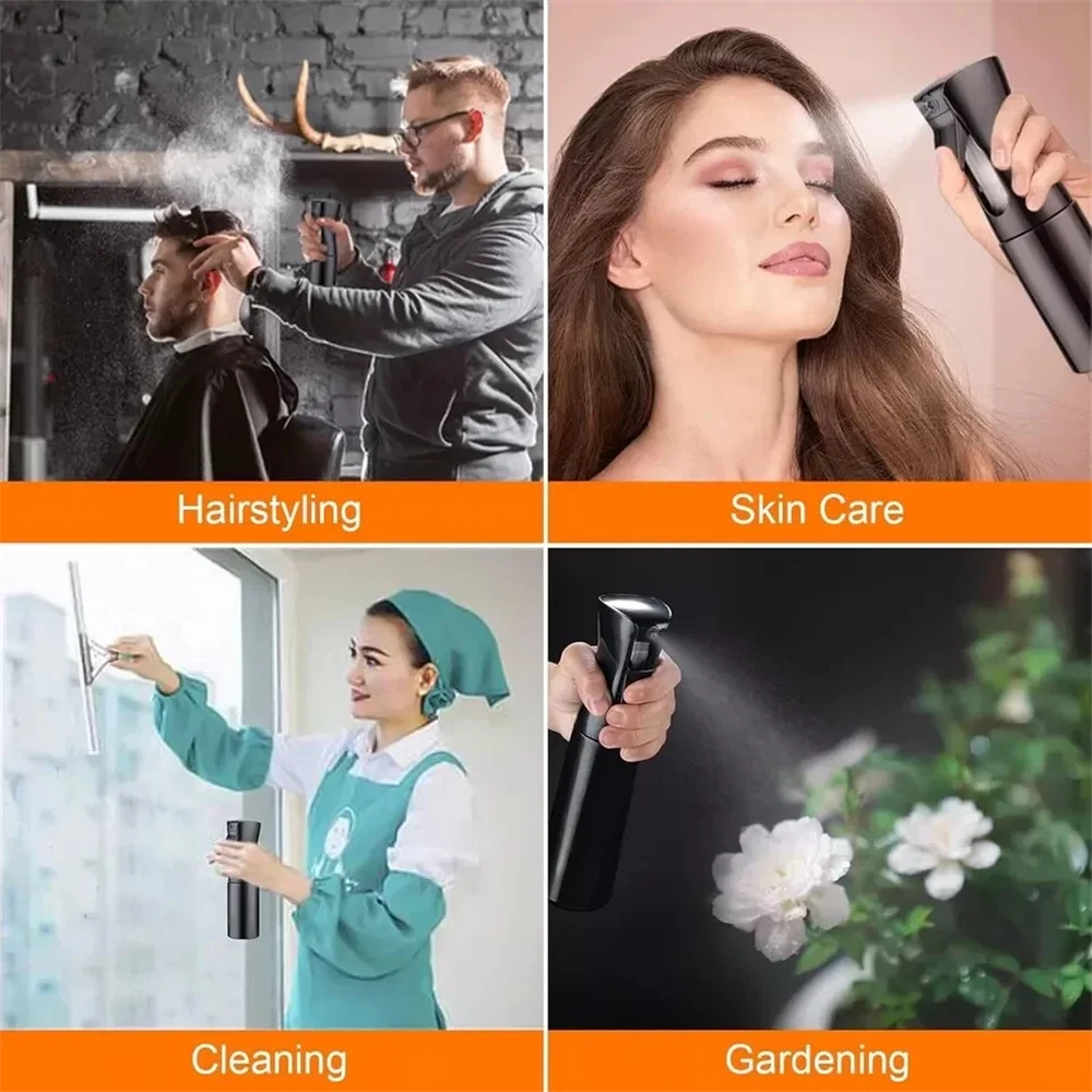 A collage showing various uses of a multi-functional handheld spray bottle for hairstyling, skin care, cleaning, and gardenin