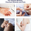 Round first aid bandages for minor cuts and scrapes shown on various body parts.
